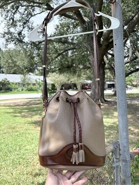 Women's Taupe and Brown Leather Drawstring Bucket Bag